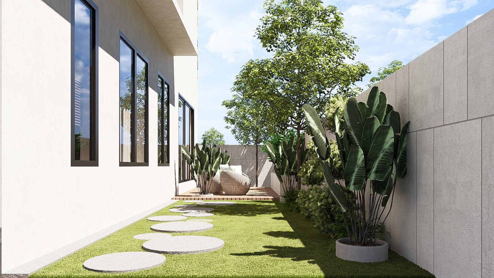Stepping stones through the side garden.