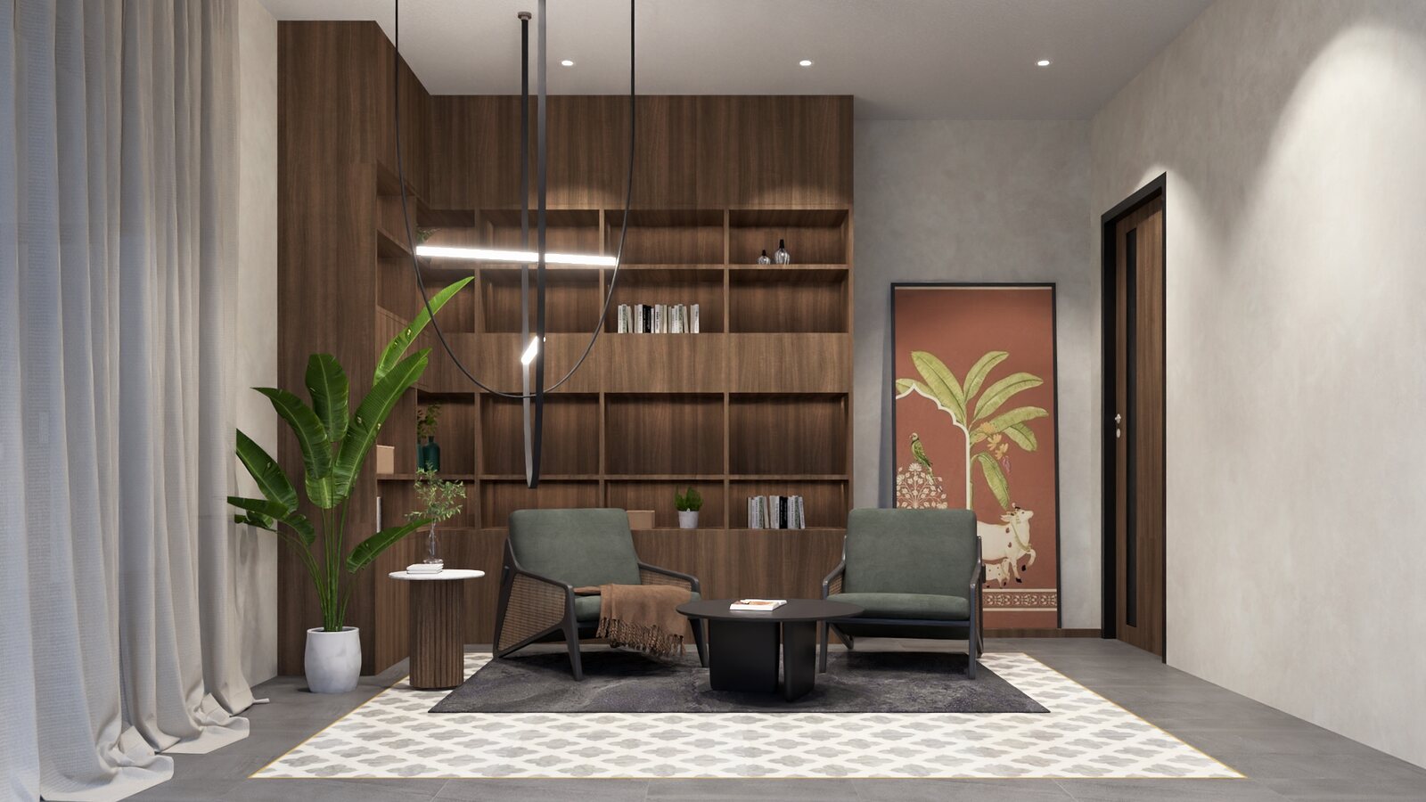 The first-floor lobby, shelves and a reading chair.