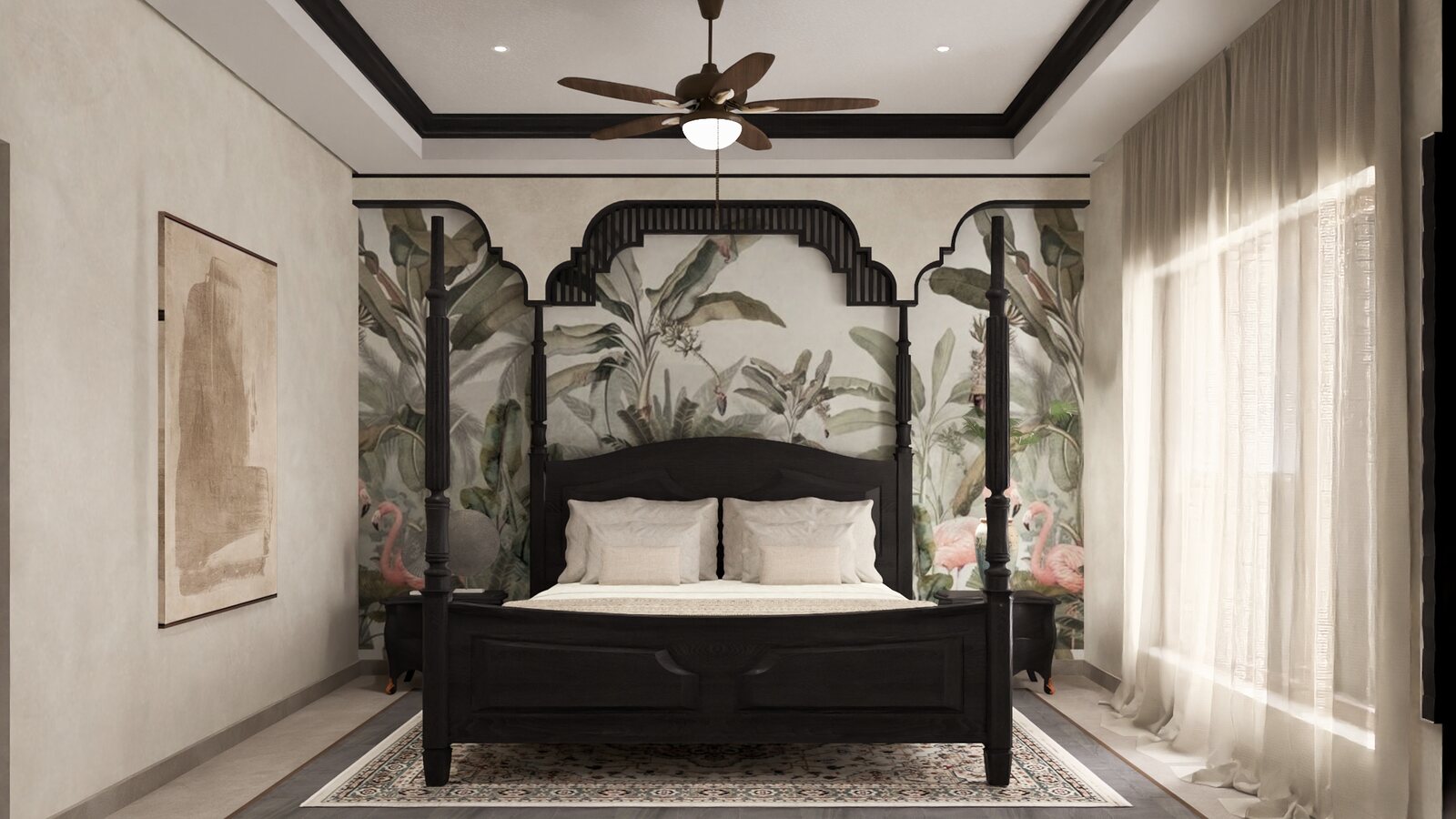 The master suite, a canopy bed against a botanical mural.