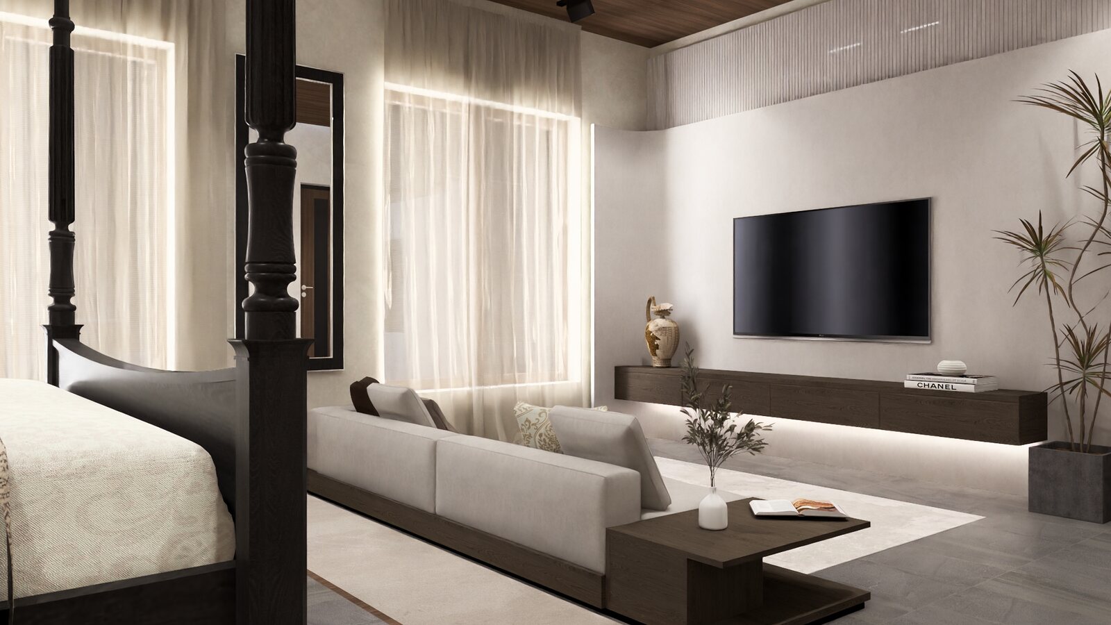 The master media wall and its long sofa.