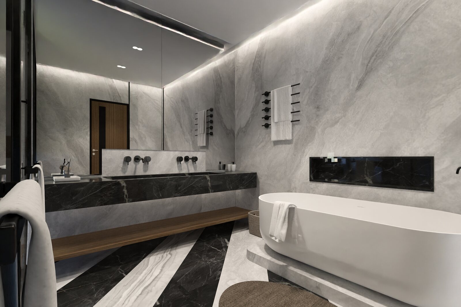 The master bath, a stone tub under grey marble.