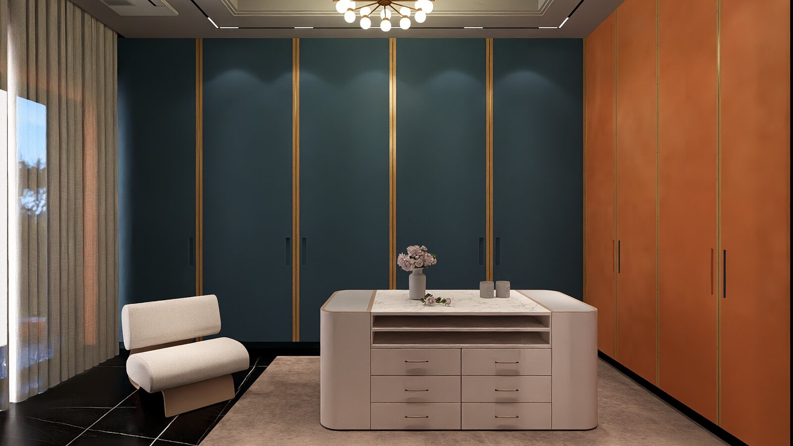 The dressing room, an island in teal and rust.