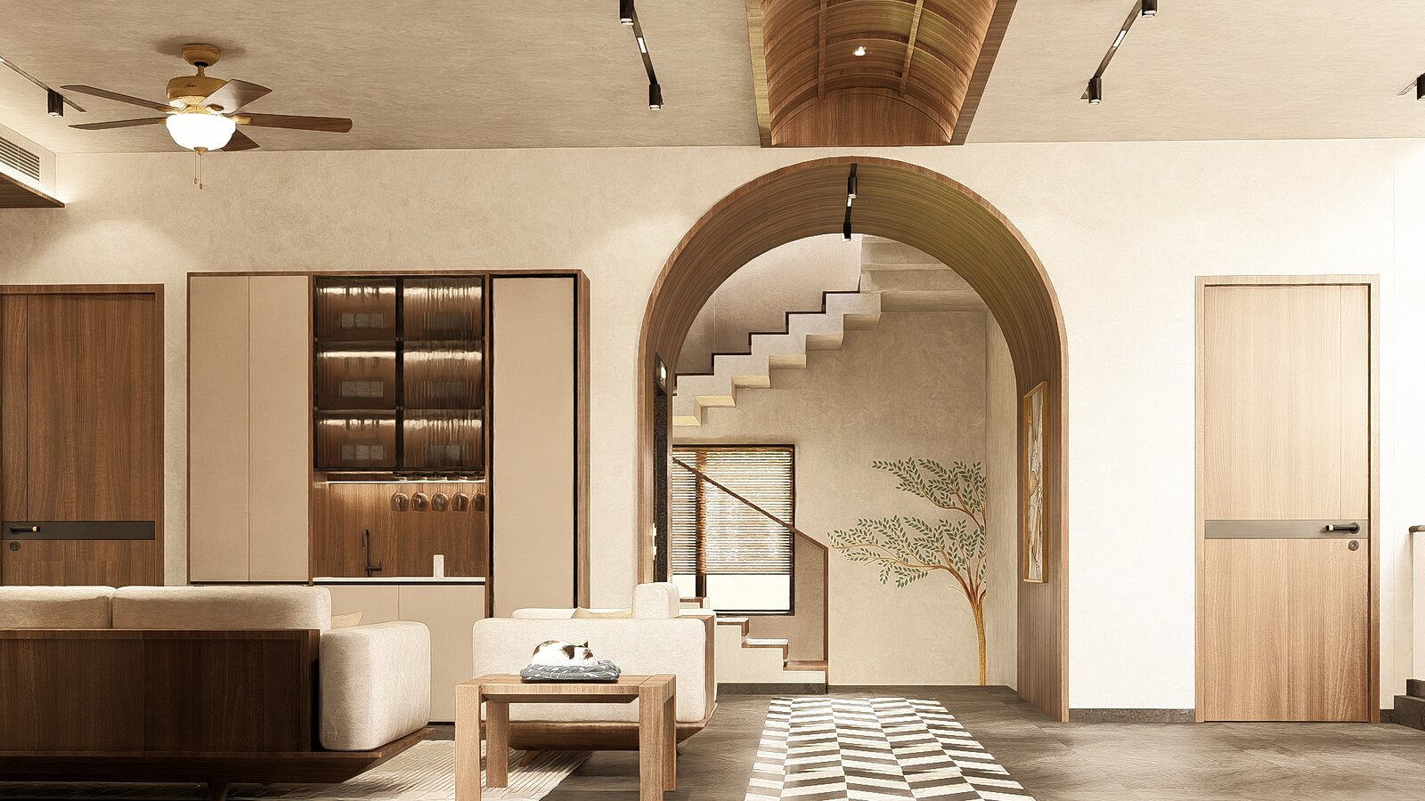 The upper lobby, arches over the stair.