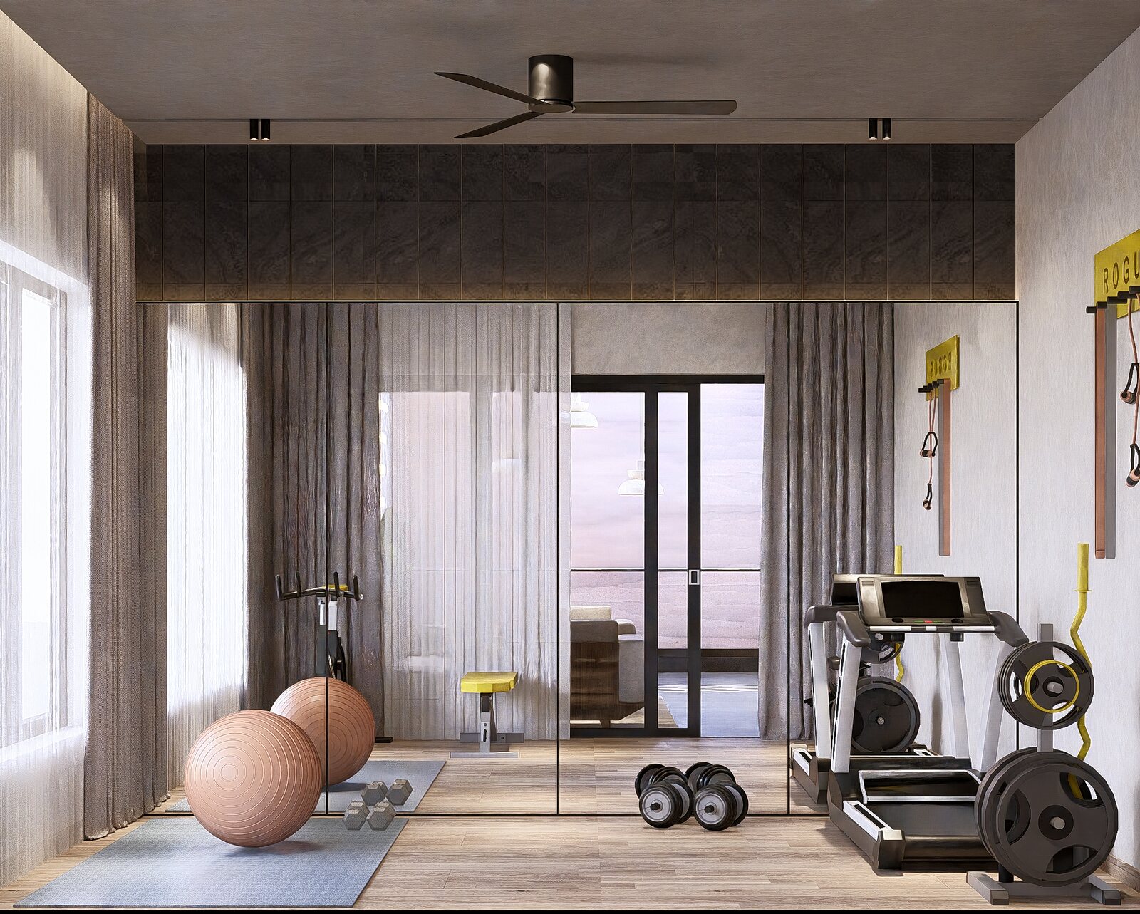 The gym, glazed to the light.