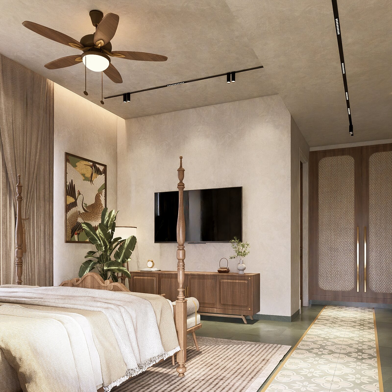 The upper guest suite, a canopy bed by the media wall.
