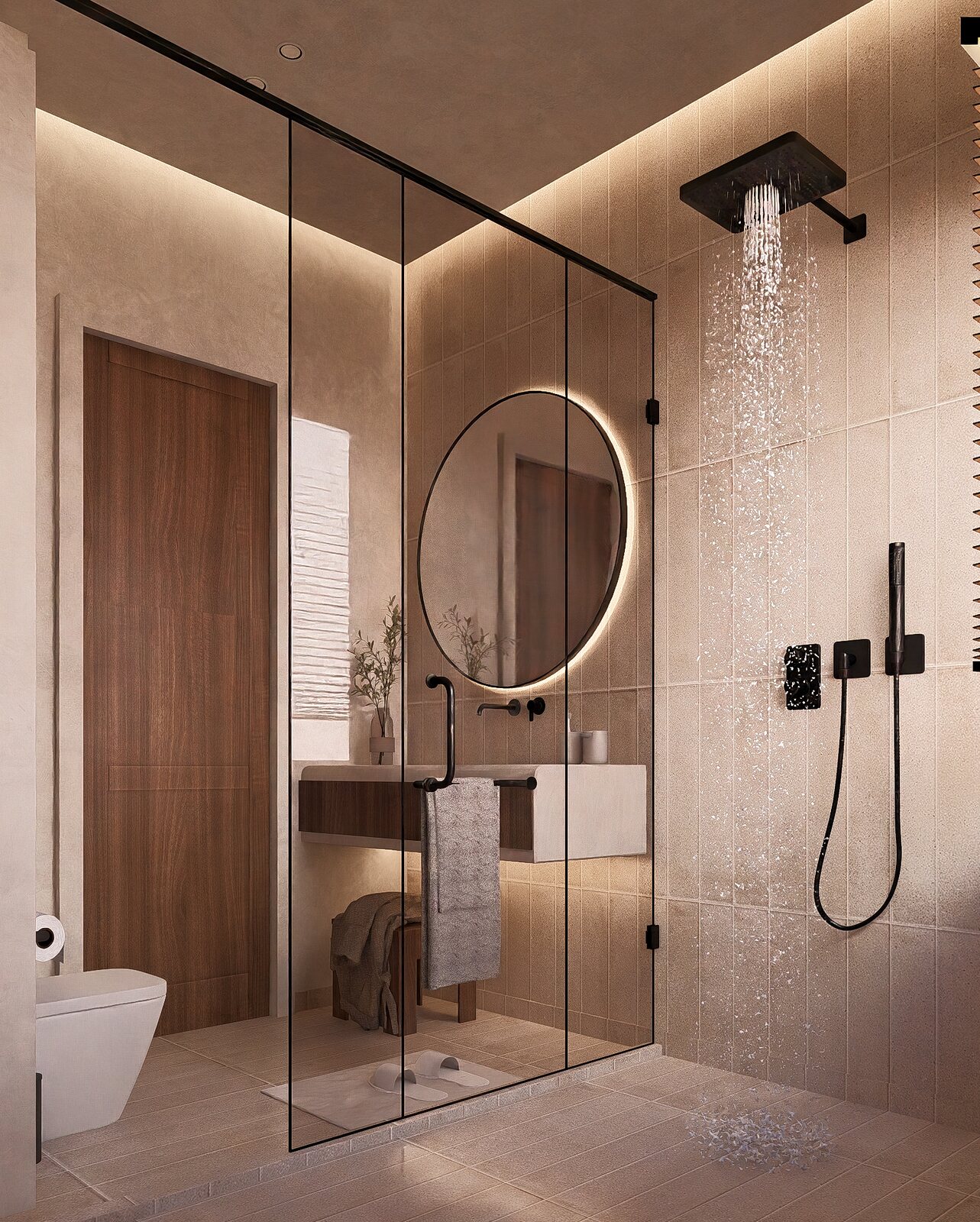 The guest bath, a round mirror over stone.