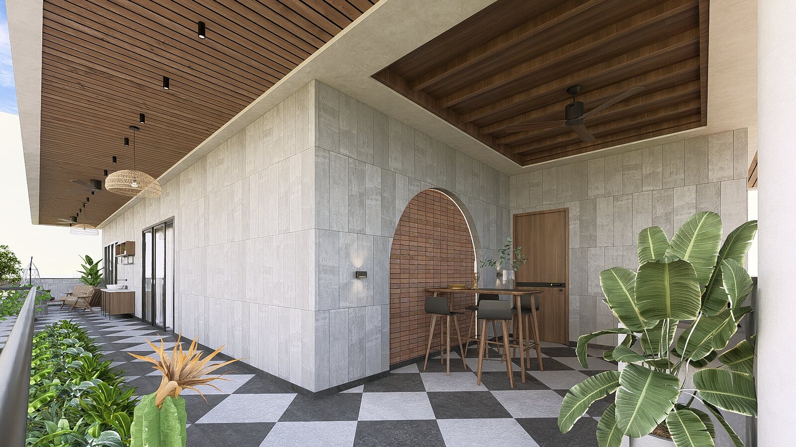 The terrace, arches over a checkered floor.