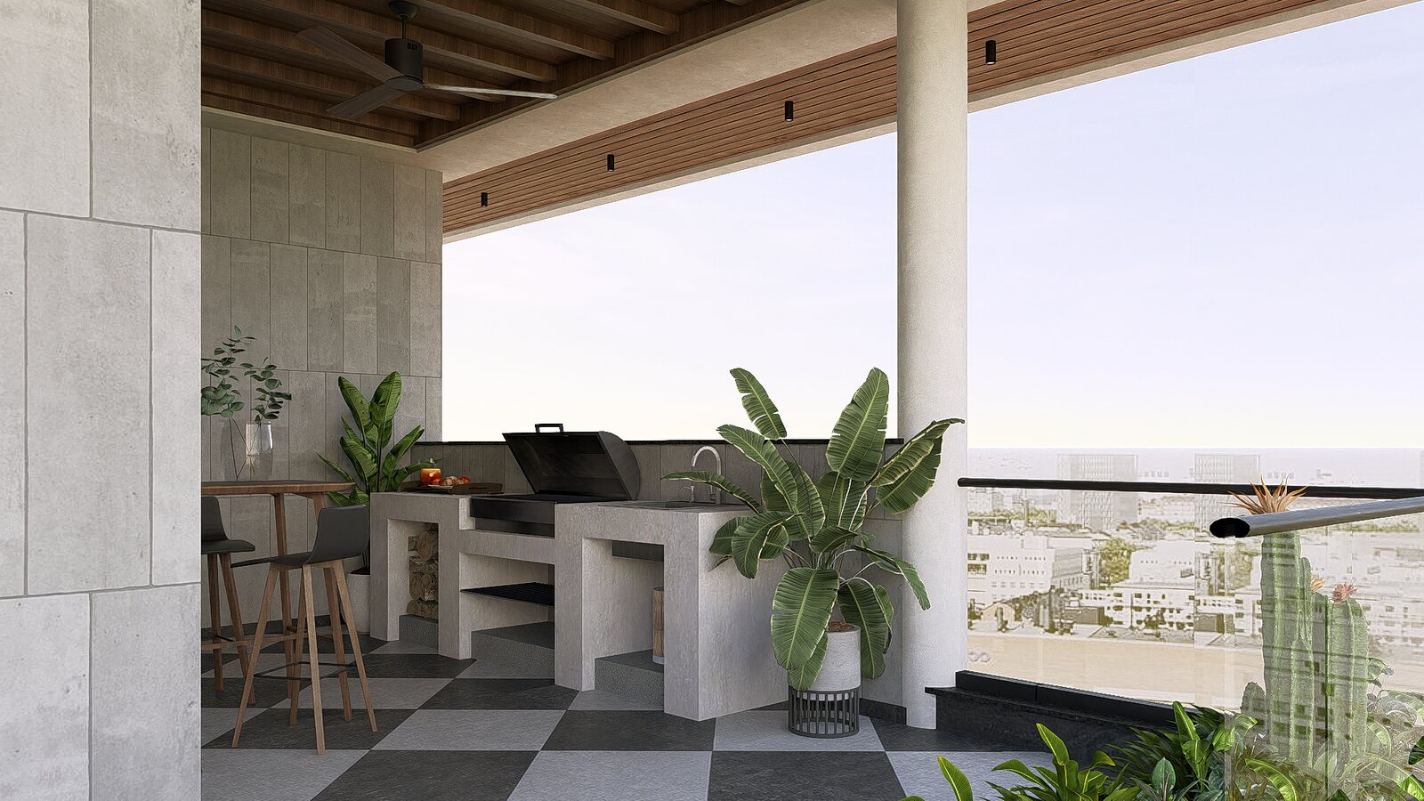 The terrace opens to the skyline.