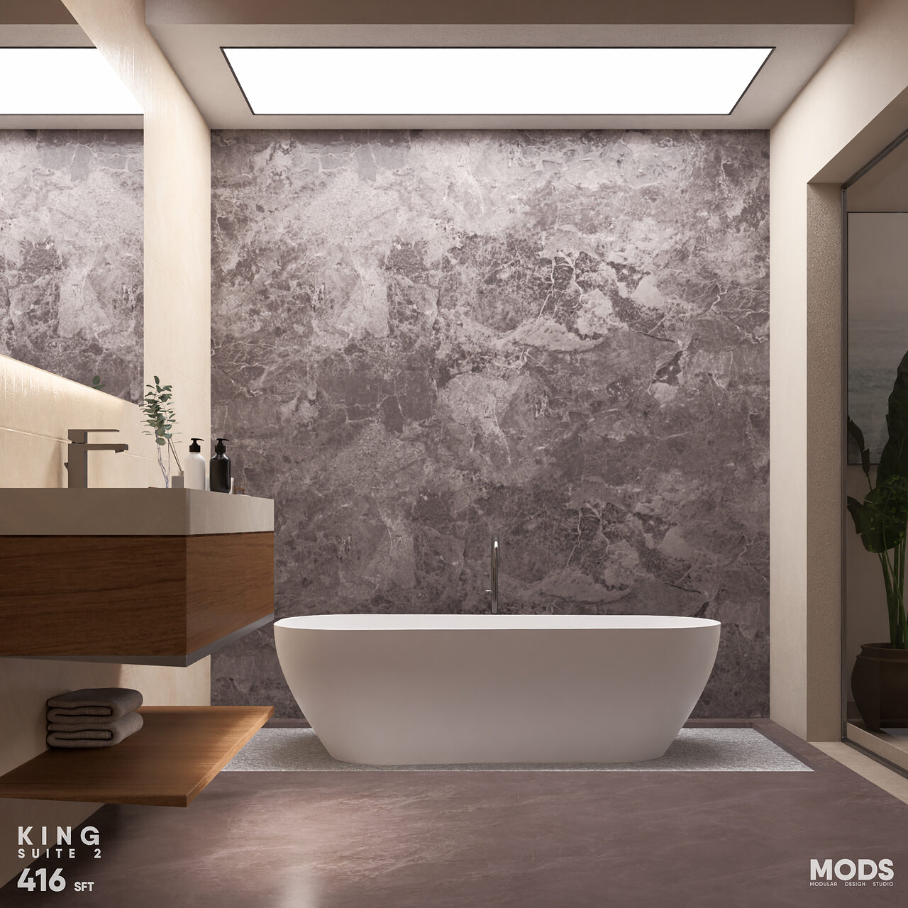 A bathing room lit from a skylight.