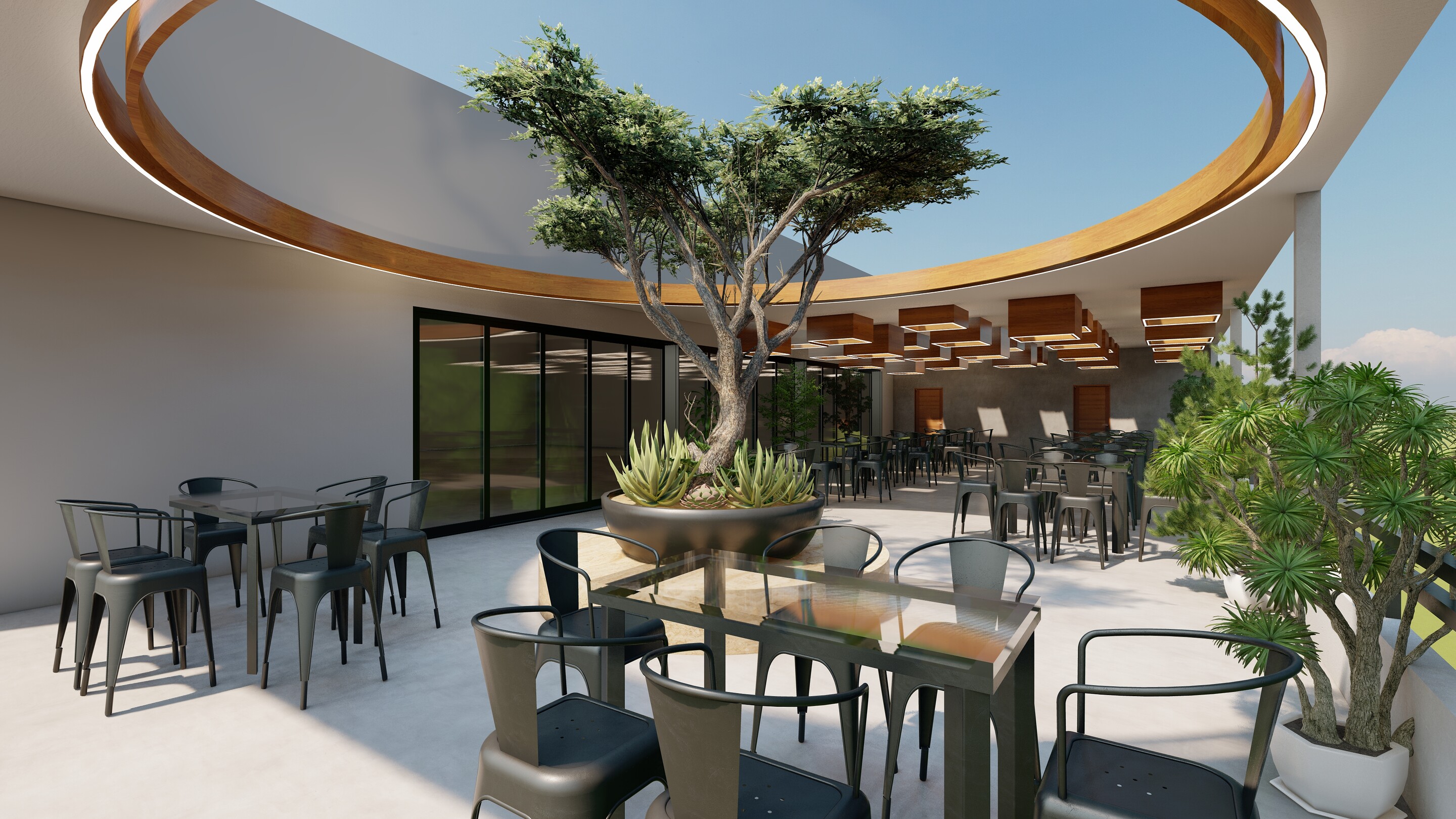 The tree rises through the oculus, dining gathered beneath it.