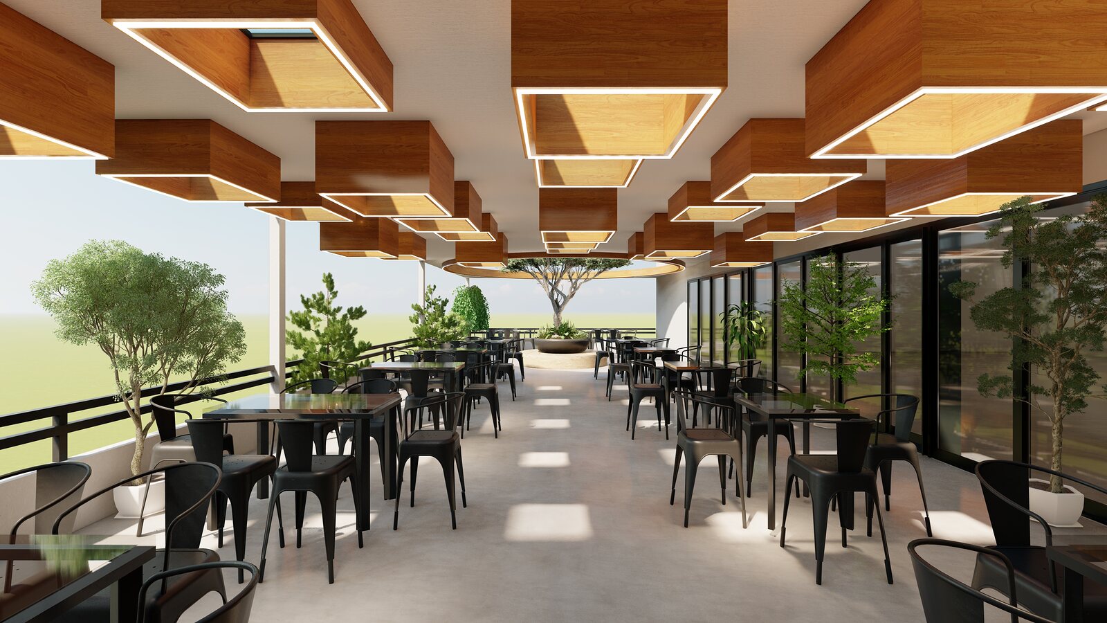 Covered seating under a timber-coffered ceiling, open to the view.