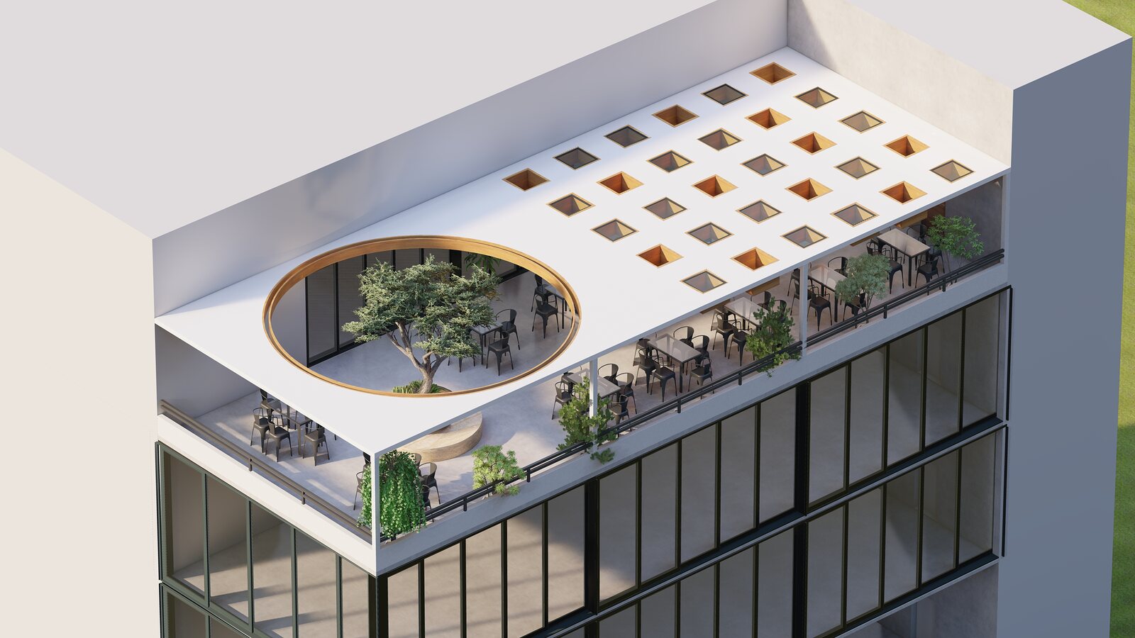 The perforated canopy and the oculus, seen from above.